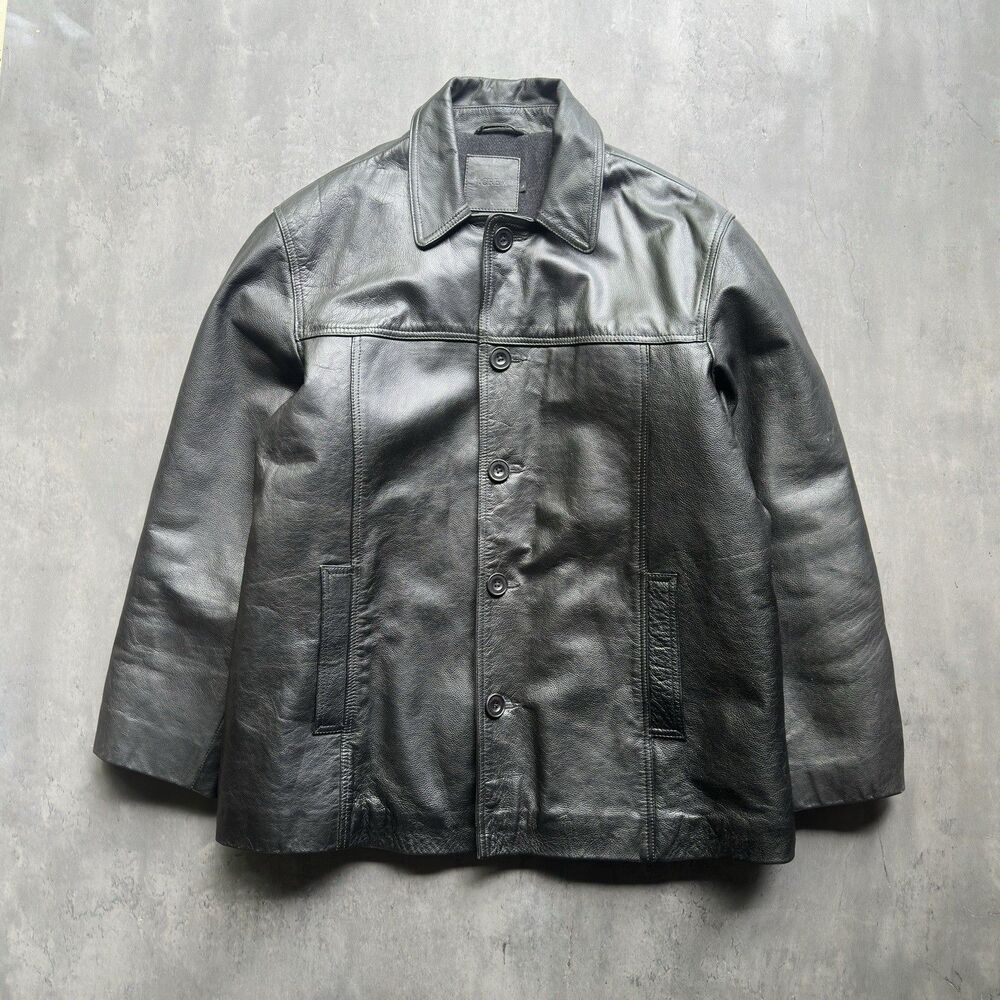 J.Crew Leather Jacket Wool Blend Lined Button Front Men Size Large Black